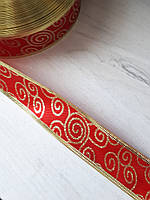 Атласная красная с золотом лента с проволочным краем для бантов 1 рулон-50ярдов(ширина 4см)
