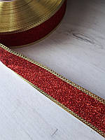 Новорічна блискуча червона стрічка з глітером для бантів з дротяним краєм 1упаковка-50ярдов(ширина 4 см)