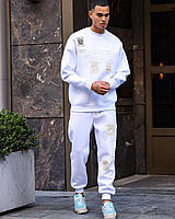 Мужской костюм свитшот-штаны (белый) красивый стильный с рисунками и надписями без капюшона s23-k009w