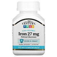 Высокоэффективное Железо Глюконат железа Iron 27 mg Ferrous Gluconate 21st Century 110 таблеток