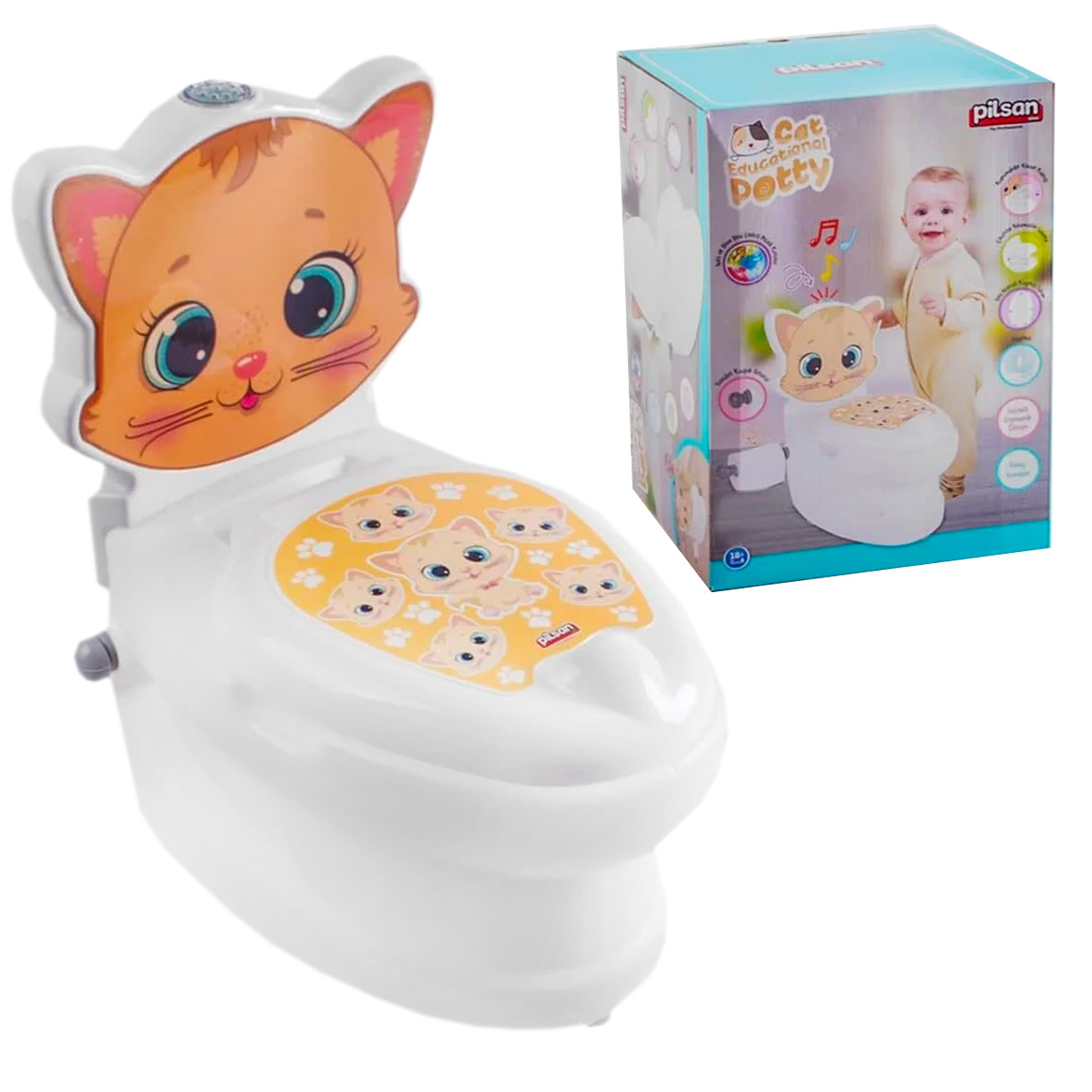 Горщик музичний Кошеня, Pilsan, спинка, знімний горщик, тримач для паперу, звуки води, підсвічування кнопки, до 25кг, 26*41*45см, фото 1