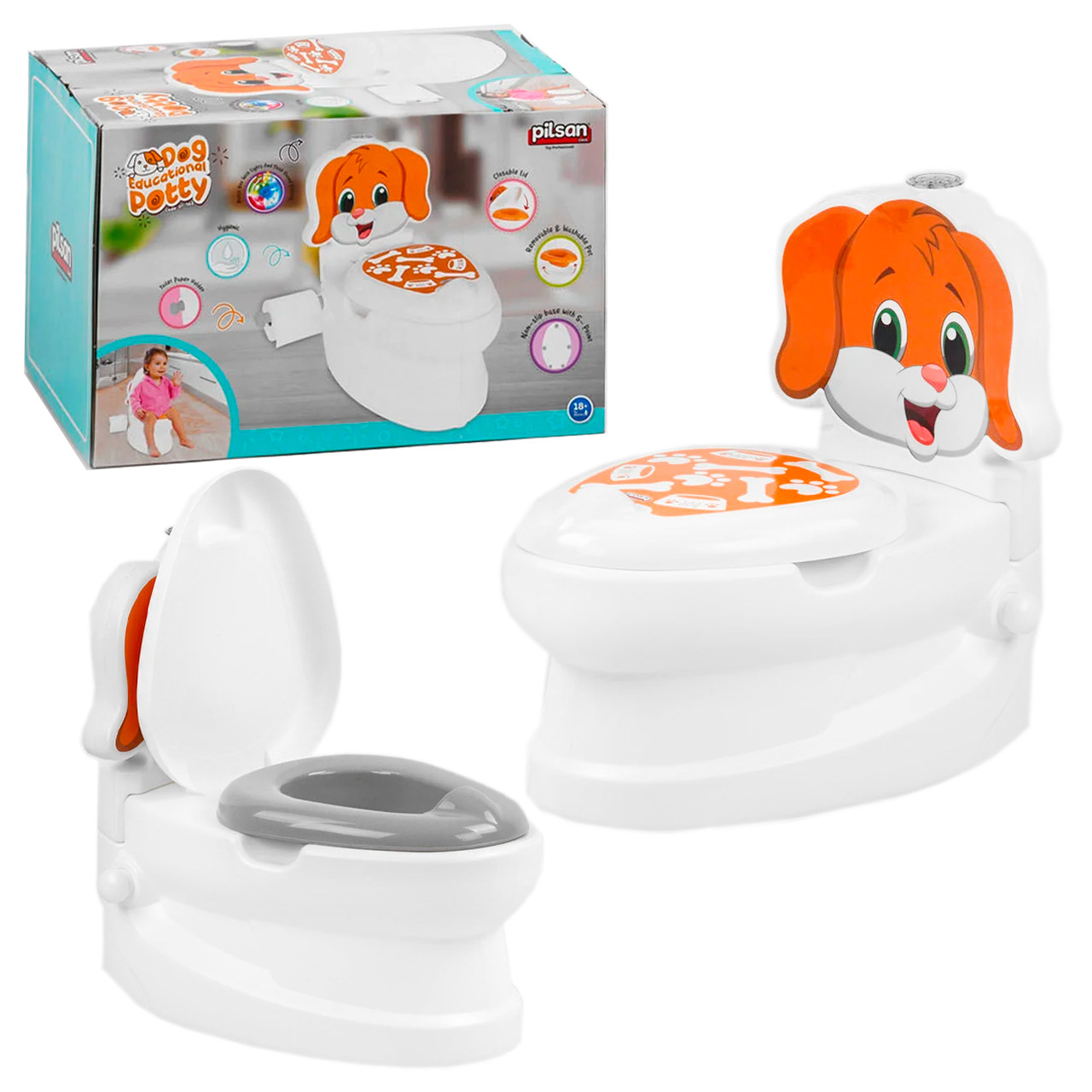 Горщик музичний Цуценя, Pilsan, спинка, знімний горщик, тримач для паперу, звуки води, підсвічування кнопки, до 25кг, 25*40*40см, фото 1