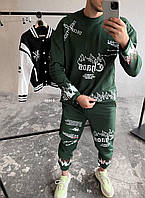 Мужской костюм свитшот-штаны (зеленый) красивый стильный с рисунками и надписями без капюшона sHH6