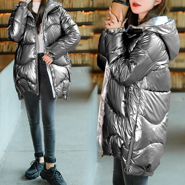 Женский пуховик куртка средней длины, с капюшоном, Oversize, лаковая ткань, серебро (7320) - фото 6 - id-p1494044918