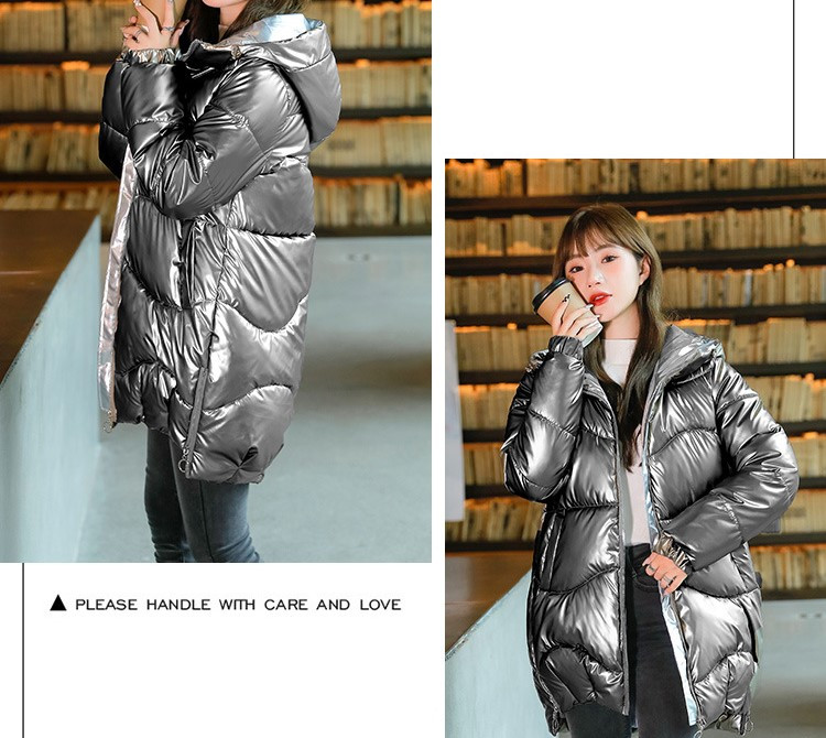 Женский пуховик куртка средней длины, с капюшоном, Oversize, лаковая ткань, серебро (7320) - фото 4 - id-p1494044918
