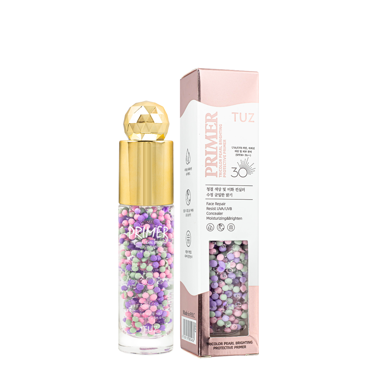 Триколірна основа під макіяж зволожувальна та освітлювальна TUZ Primer Tricolor Pearl Brigttеn spf 30, фото 1