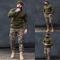 Мужская тактическая кофта свитер оливковый, Вязанный однотонный мужской армейский реглан, Теплые мужские кофты