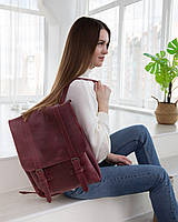 Вместительный мужской та женский городской рюкзак ручной работы из натуральной винтажной кожи бордового цвета