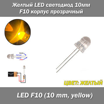 Жовтий, LED світлодіод 10 мм F10, корпус прозорий