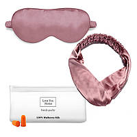 Шелковый набор для сна Love You темно-розовый (маска для сна, повязка, беруши, пакет-косметичка)