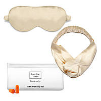 Шелковый набор для сна Love You бежевый (маска для сна, повязка, беруши, пакет-косметичка)