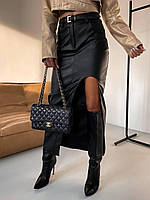 Черная женская кожаная юбка миди с разрезом и открытой ногой (42-44, 46-48 размеры)