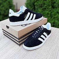 Мужские кроссовки низкие черные с белым Adidas Gazelle. Замшевые кеды весна мужские черно-белые Адидас Газель