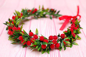 Вінок для волосся / віночок для голови з ягодами калини червоно - зелений під вишиванку 168 Об