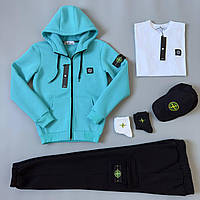 Комплект зимовий чоловічий спортивний Stone Island костюм на флісі футболка кепка в стон айленд теплий бірюзовий