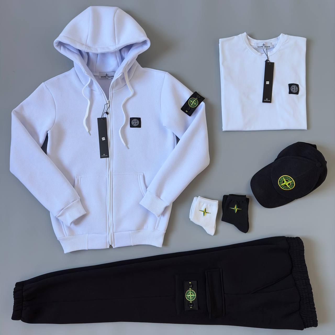 Спортивний костюм Stone Island жіночий зимовий кофта на блискавці штани футболка комплект на флісі білий