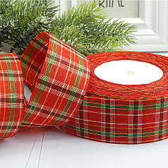 Стрічка "шотландка" 4 см, червоно-салатова клітинка, люрекс