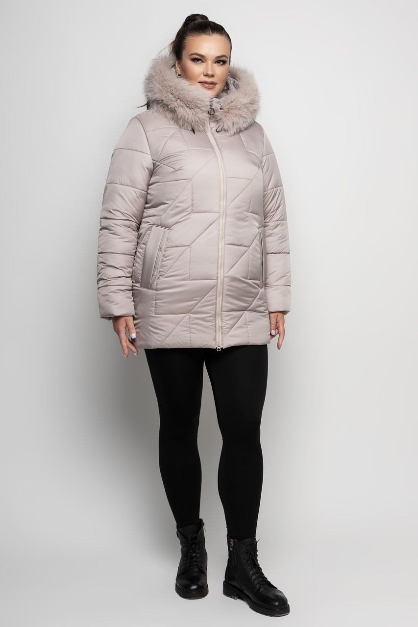 Зимова батальна жіноча тепла світла світла куртка пуховик із хутром на капюшоні, фото 1