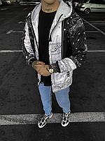 Мужская ветровка плащевка принт (белая с черным) стильная легкая куртка на молнии с капюшоном sw65