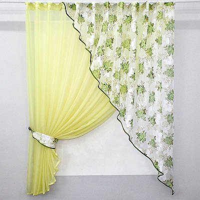 Кухонна фіранка (280х170см.). На карниз 1,5-2м. Колір лимонний з білим та салатовим. Код 069к 52-0336