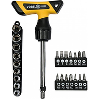 Викрутка-тримач із тріскачкою Т-подібна Vorel 1/4" з насадками 25 шт.