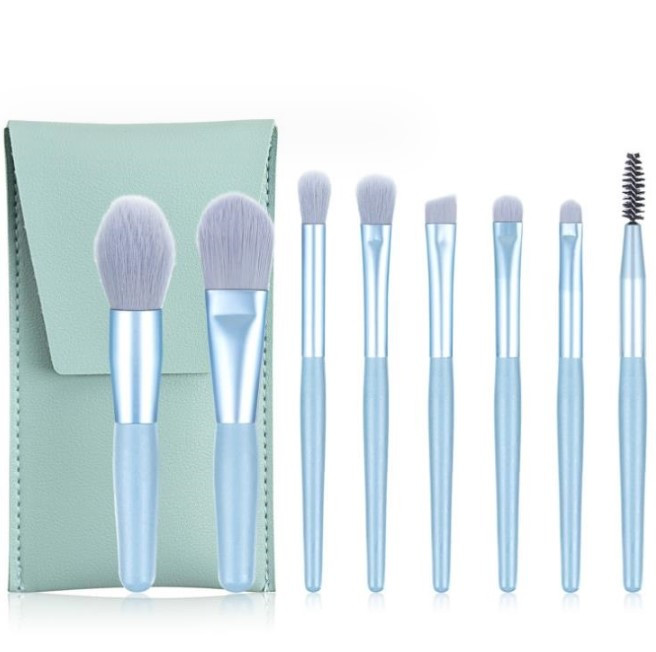 Набір пензлів для макіяжу міні в дорогу Trevel set blue 8 шт з чохлом