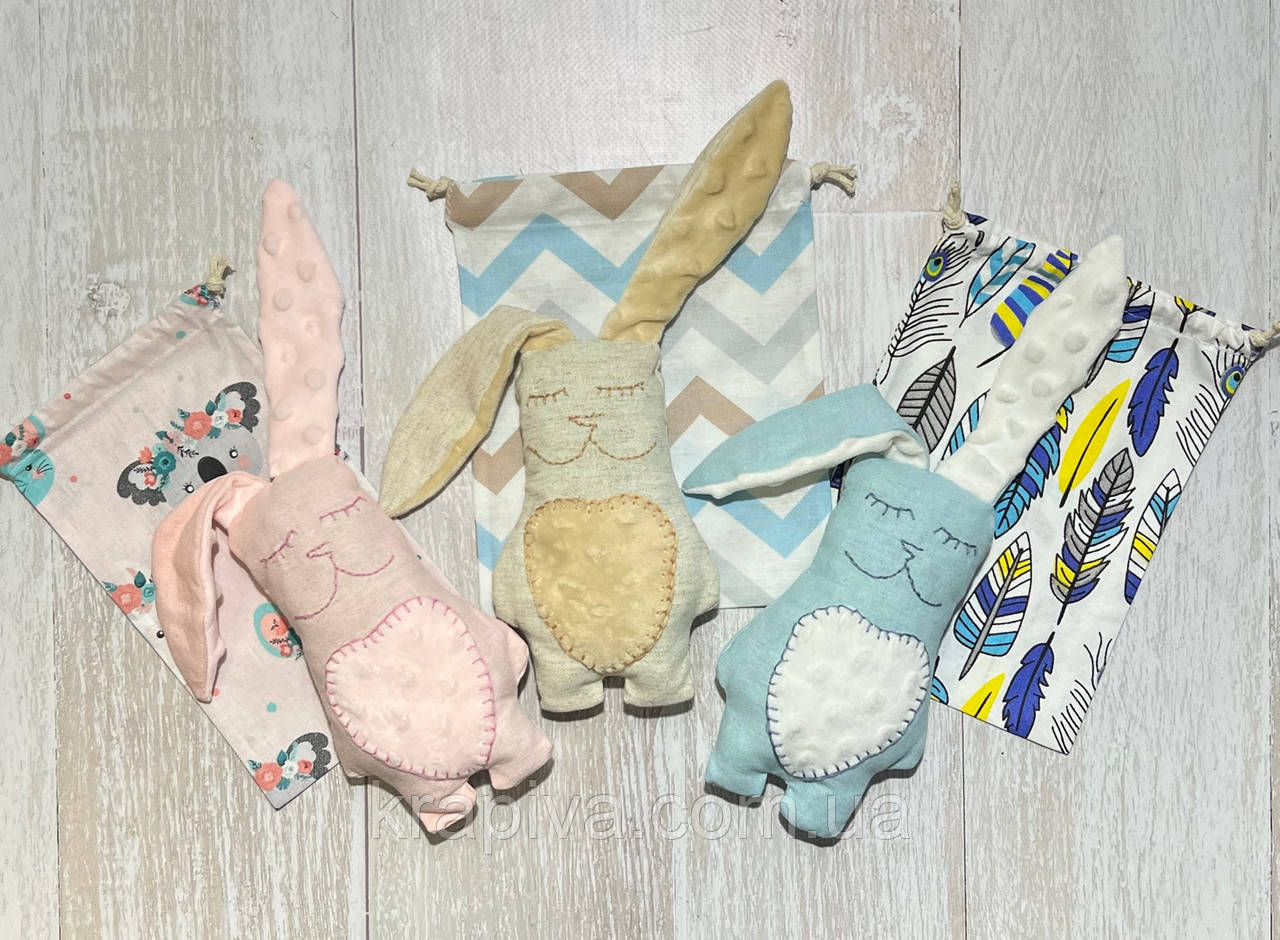 М'яка іграшка ЛЬОН натуральна Зайчик, еко іграшка сплюшка для малюків, комфортабель, дитяча ручної роботи, фото 1