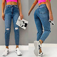Стильні жіночі джинси МОМ синього кольору, жіночі джинси з потертостями