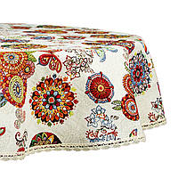 Гобеленовая скатерть на овальный стол, гобеленовая овальная скатерть цветочная с натуральным кружевом