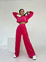Мягкий женский стильный прогулочный костюм из плюшевого велюра в расцветках штаны палаццо (S-M и M-L размеры) Малиновый