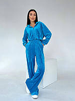 Мягкий женский стильный прогулочный костюм из плюшевого велюра в расцветках штаны палаццо (S-M и M-L размеры) Синий