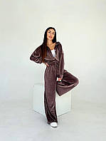 Женский стильный костюм из плюшевого велюра в расцветках штаны палаццо кофта на пуговицах (S-M и M-L размеры) Мокко
