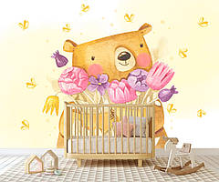 Ніжні акварельні вінілові шпалери для дитячої кімнати хлопчика і дівчинки  Ведмедик з квітами