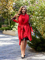 Батальный костюм: платье с кружевом и пиджак с сеткой 54, Красный