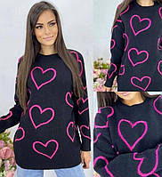 Женский удлиненный свитер с сердечками в расцветках