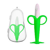 Грызунок (прорезыватель)в форме банана и первая зубная щетка для малыша в коробке, зелёный