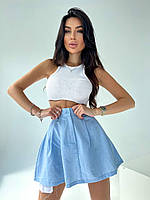 Женская юбка мини, с завышенной посадкой, с вставками, голубая
