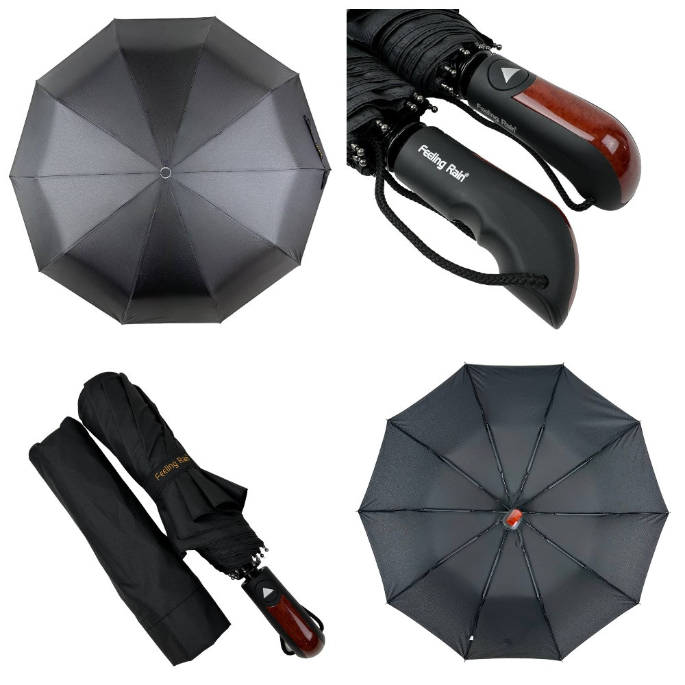 Оптом Чоловіча складна парасоля напівавтомат від Feeling Rain на 10 спиць, є антивітер, чорний, FR453