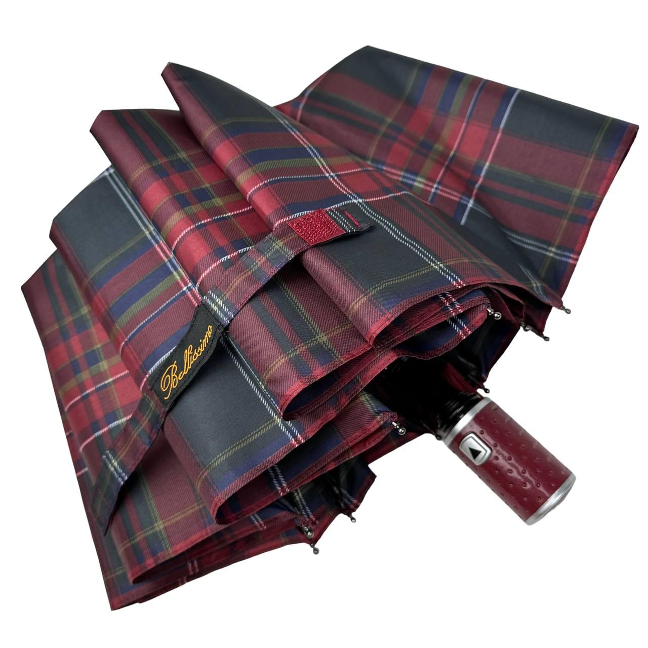 Стильна парасолька напівавтомат в клітинку від Bellissimo, з бордовою ручкою, М0532-1