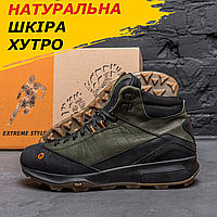 Шкіряні чоловічі черевики Merrell зимові на хутрі хакі, спортивні теплі високі кросівки на товстій підошві топ