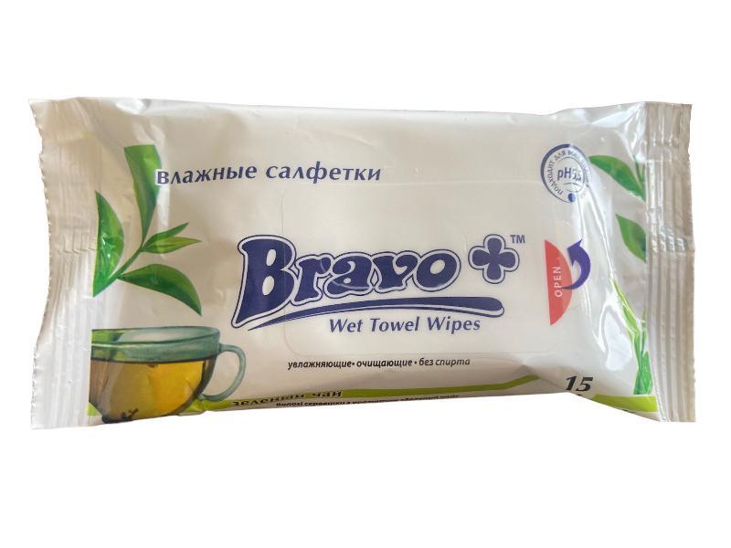Серветки вологі, BRAVO, зелений чай, упаковка 15 штук