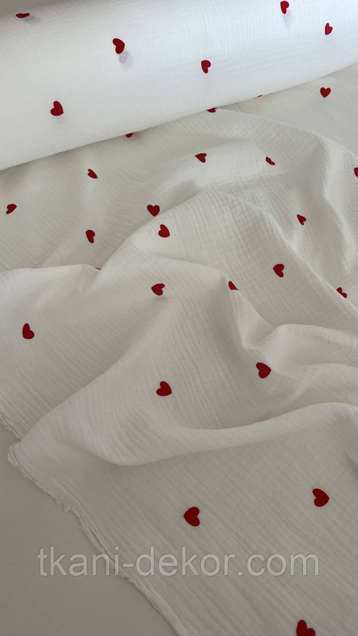 Муслін (бововняна тканина) сердця червоні на молоці.(0,95*1,35), фото 1
