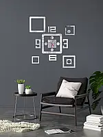 Часы зеркальные настенные 3D наклейка для декора дома 70 см Каре серебро