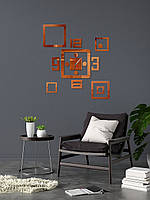 Часы зеркальные настенные 3D наклейка для декора дома 70 см Каре бронза