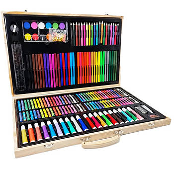 Дитячий набір для малювання 220 предметом у дерев'яній валізі з фломастерами крейдою й олівцями EMG