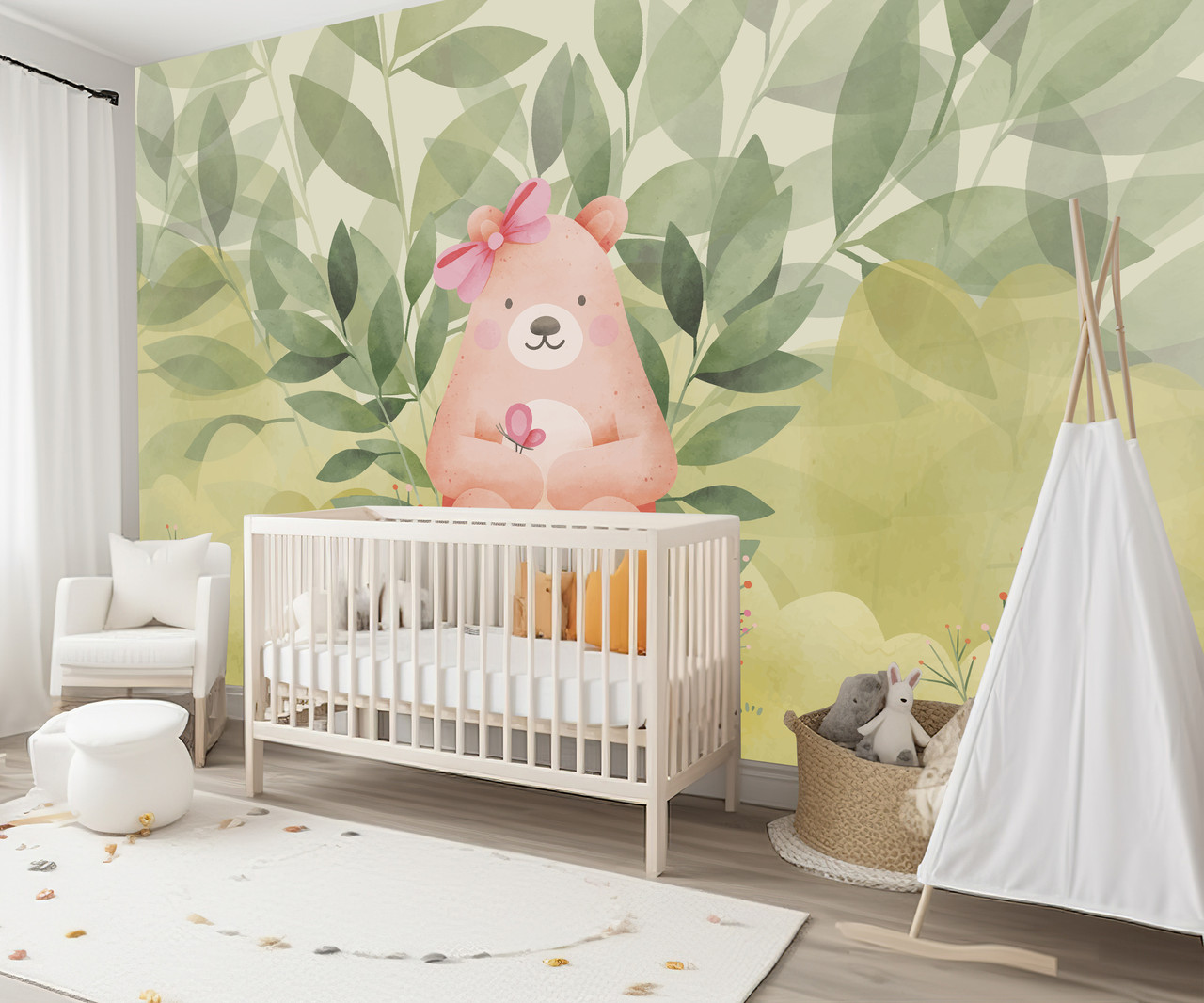 Дитячі шпалери з акварельним дизайном Рожевий медведик. Підійдуть для кімнати дівчинки чи хлопчика., фото 1