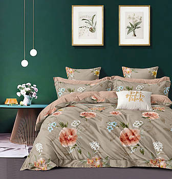 Підковдра на блискавці 145х215 (Сатин) | Полуторна підковдра від виробника "Королева Ночі" | Квіти на бежевому