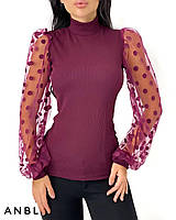 Женская кофта блузка Материал: основа-трикотаж рубчик, рукава-сетка Цвета: марсала Размер 42-44; 46-48