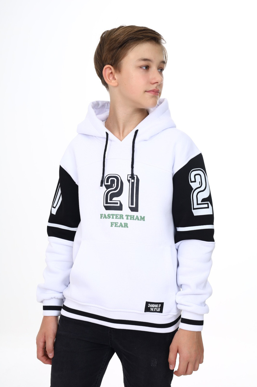 Тепла біла кофта худі на байці для хлопчиків зріст 140,146,152,158,164 LEYZ Туреччина, фото 1
