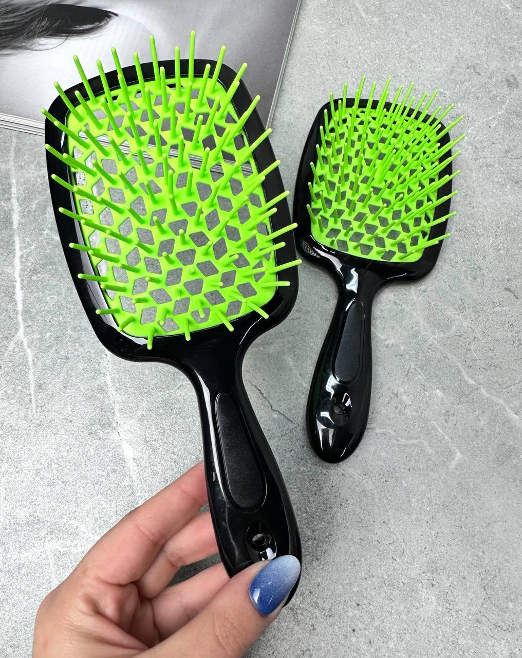 Гребінець для волосся Чорний з неоновим салатовим "Super Brush" в пакеті, фото 1